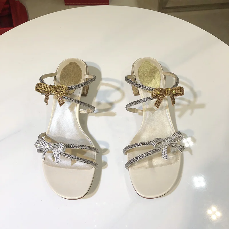 

Prowow Crystal Bow Slippers Women Chunky High Heels Summer Slides Beach Woman Shoes Rhinestone Femme Outdoor Femme