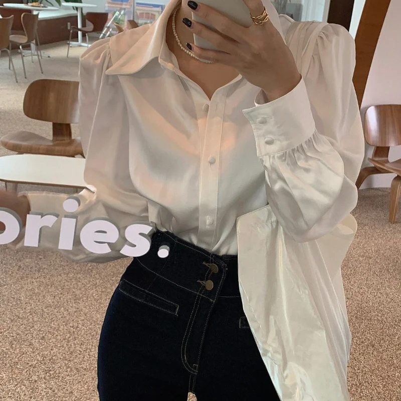 

Korean New Chic Women Blouse Loose Satin Button Bubble Sleeve Lapel Shirt Elegant Women Shirt Tops White Blusas Mujer