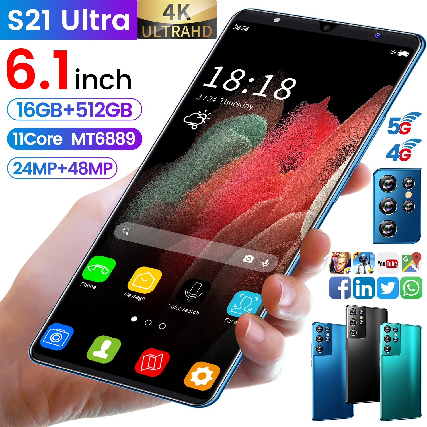 

S21 Ultra 4G Sansumg Galay 5G LTE Smartphone 11 Core Snapdragon888 6.1Inch Cellphone 16+512GB Fingerprint ID Mobile Phone