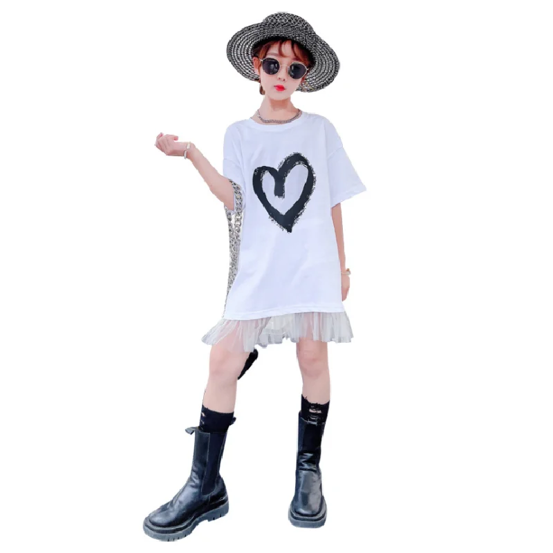

Girls T-shirt Dress for Summer Children's Clothing of Kids Fashion Trend Love Printing Dress for 5-14 Year Old Girls