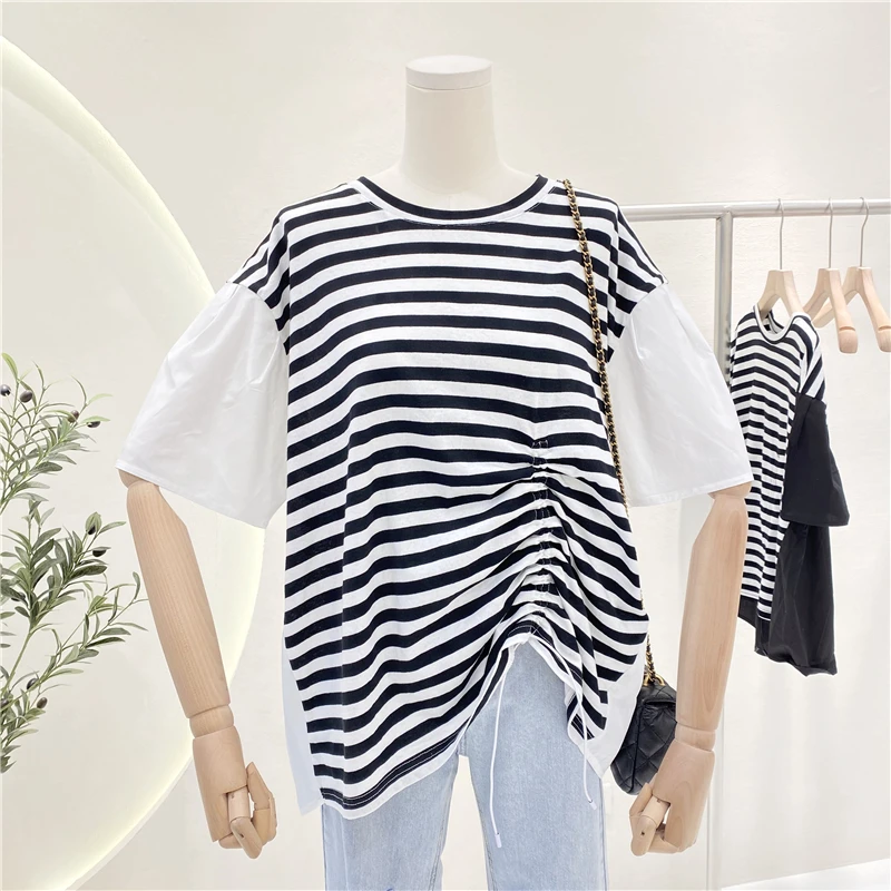 

O-Neck Striped Stitching Loose T-shirt for Women 2021 Summer New Preppy Style Short Sleeve Drawstring Tops Fashion Base Tees