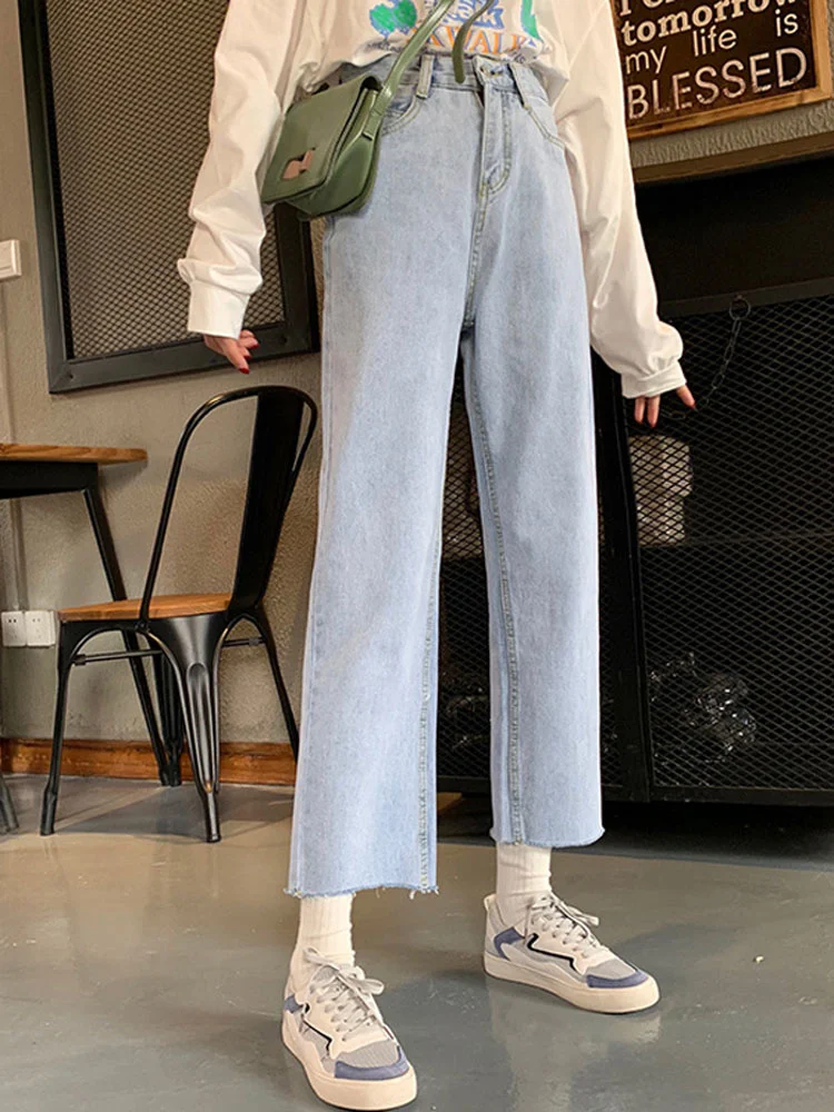 

Летние свободные прямые брюки с высокой талией, маленькие широкие брюки, тонкие джинсы, женские брюки, тонкие укороченные брюки, модные Rac