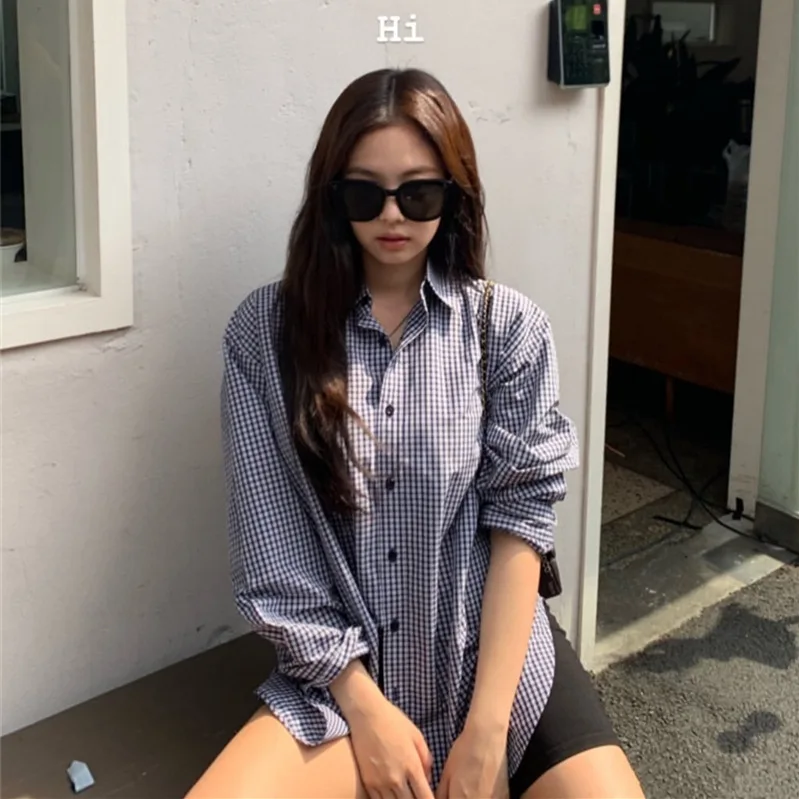 Рубашка женская в Корейском стиле Клетчатая блузка на пуговицах с длинным