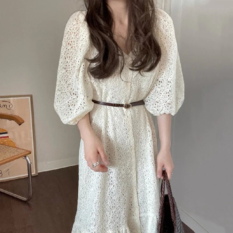 Женское платье с V-образным вырезом кружевное однобортное пузырьковым рукавом и