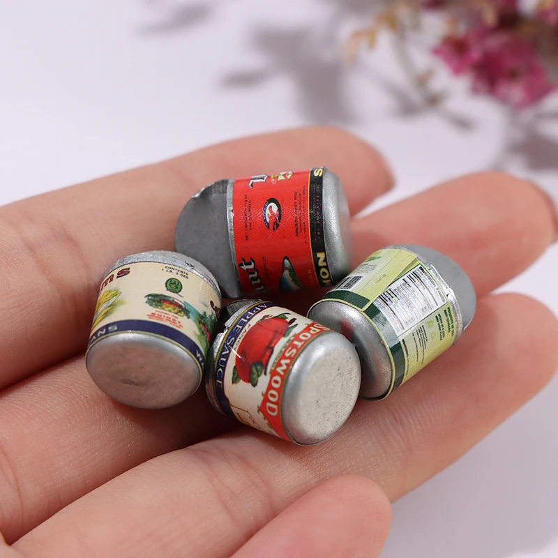 

4pcs Different label Dollhouse Miniature Can Fruit Jam Can Toy Doll Food Kitchen Living Room Accessories Kids Pretend Play Toy