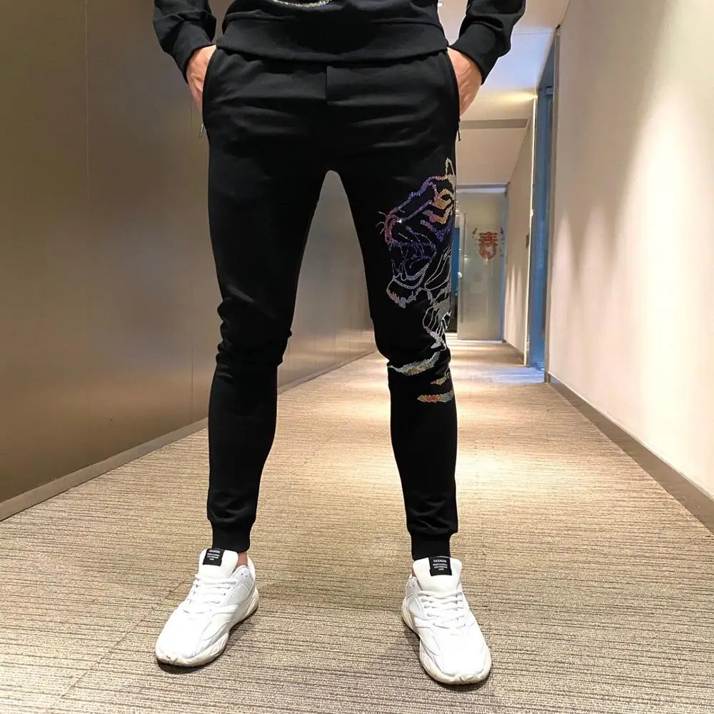 

New men's fashion sportswear sells high-quality tiger head brand-name sweatshirt+personalized hot drilling casual pants 2-piece