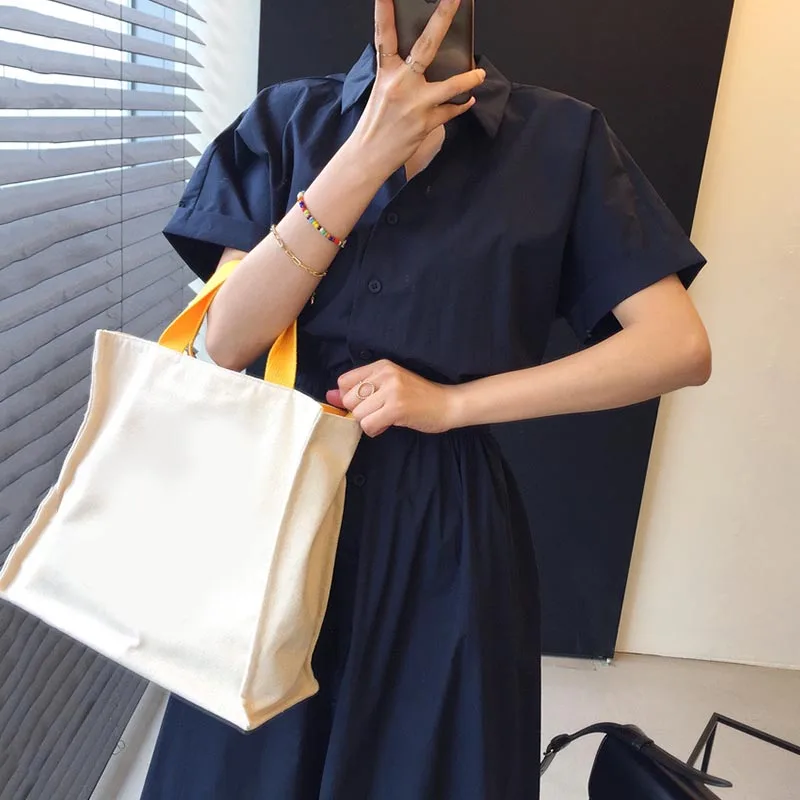 

Korejpaa Women Dress 2021 Summer Korean Chic Minimalist Temperament Lapel Single-Breasted Short-Sleeved Slimming Shirt Vestidos