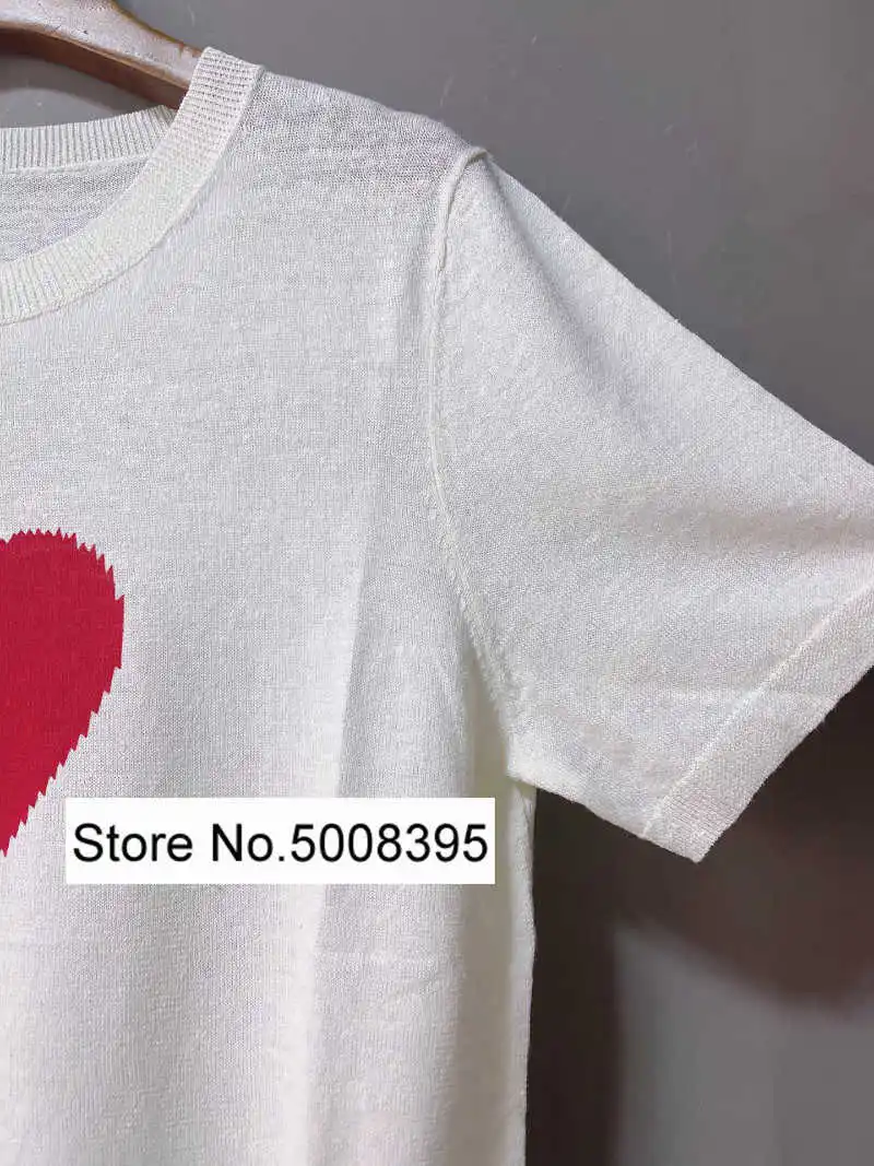 

New Woman White Linen Knit T-shirt Front RED Heart Letters Print Short Sleeves Fashion Tops Tees Summer 2021