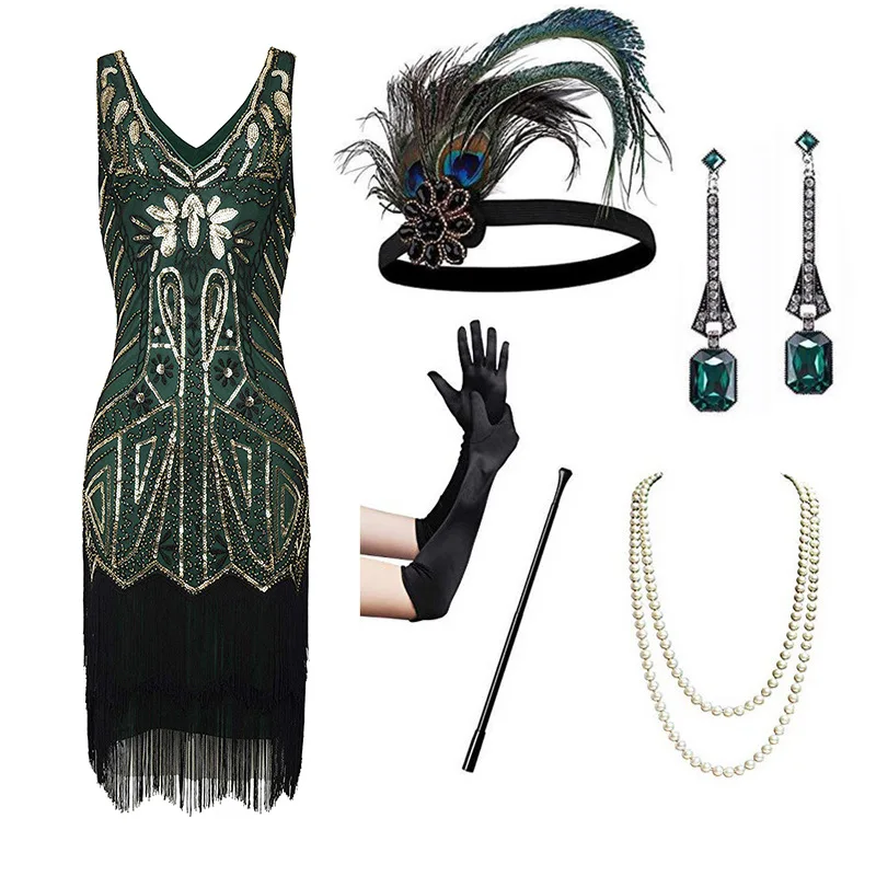 1920s Flapper Dress Great Gatsby Party Evening Sequins Fringed Dresses Gown Dress with 20s Accessories Set  clothing women