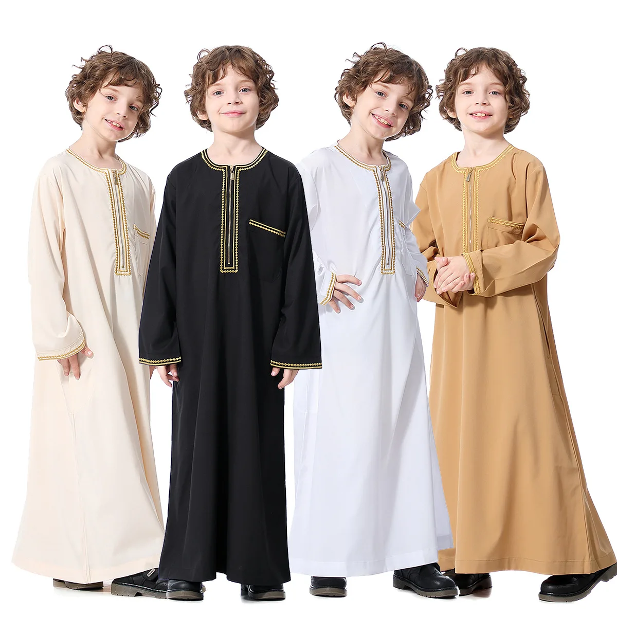 

Muslim Kids Boys Robe Arab Islamic Middle Eastern Teen Casual Loose Embriange Round Neck Robes Long Sleeve Islamic Clothing