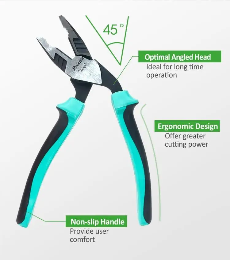 

Proskit PM-941 8-inch 45 Degrees Bending Head Steel Wire Pliers Double color elbow diagonal electrician Cable Cutter pliers