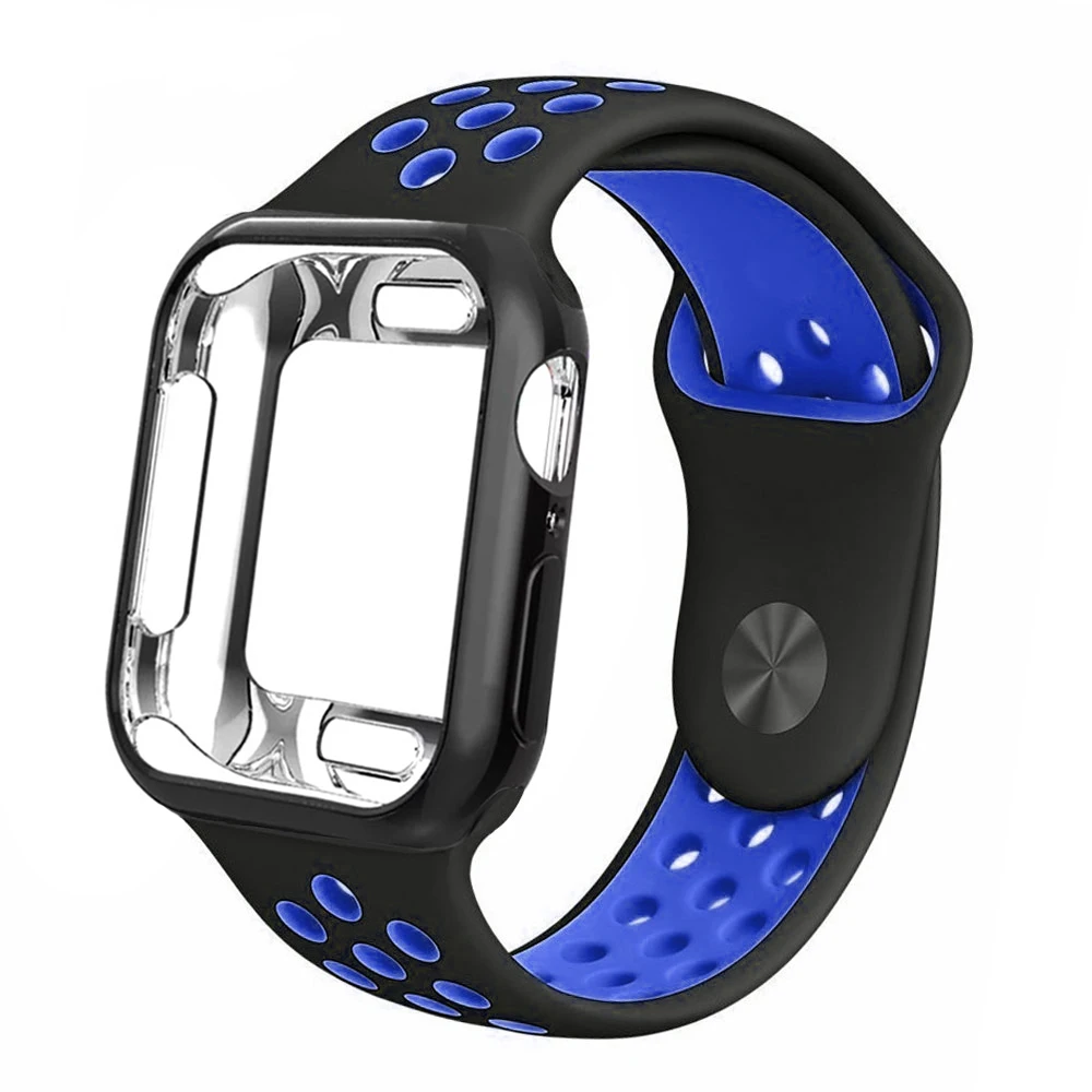 Чехол+ ремешок для apple Watch 5 ремешок 42 мм 38 мм 40 мм 44 мм спортивный силиконовый браслет для apple iwatch series 5 4 3 2 1 Аксессуары - Цвет ремешка: Black with blue