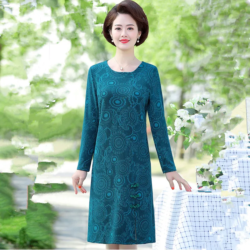 

UHYTGF Spring Dress Fashion Print Long Sleeve Elegant Dresses Womens O Neck Pullover Slim Dress Casual 5XL Plus Size Dresses 856