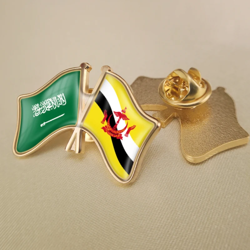 

Saudi Arabia and Brunei Darussalam Crossed Double Friendship Flags Lapel Pins Brooch Badges