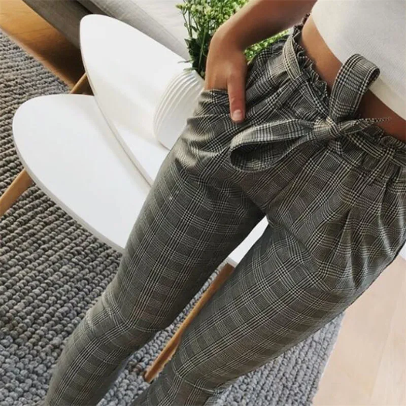 

2021 Women Fashion Casual OL Pencil Pants Bow Tie Drawstring Sweet Elastic Waist Pockets Casual Trousers Slim Strip Pants