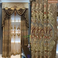 Custom curtain Luxury villa golden coffee embroidered living room chenille cloth blackout curtain valance tulle drape C819