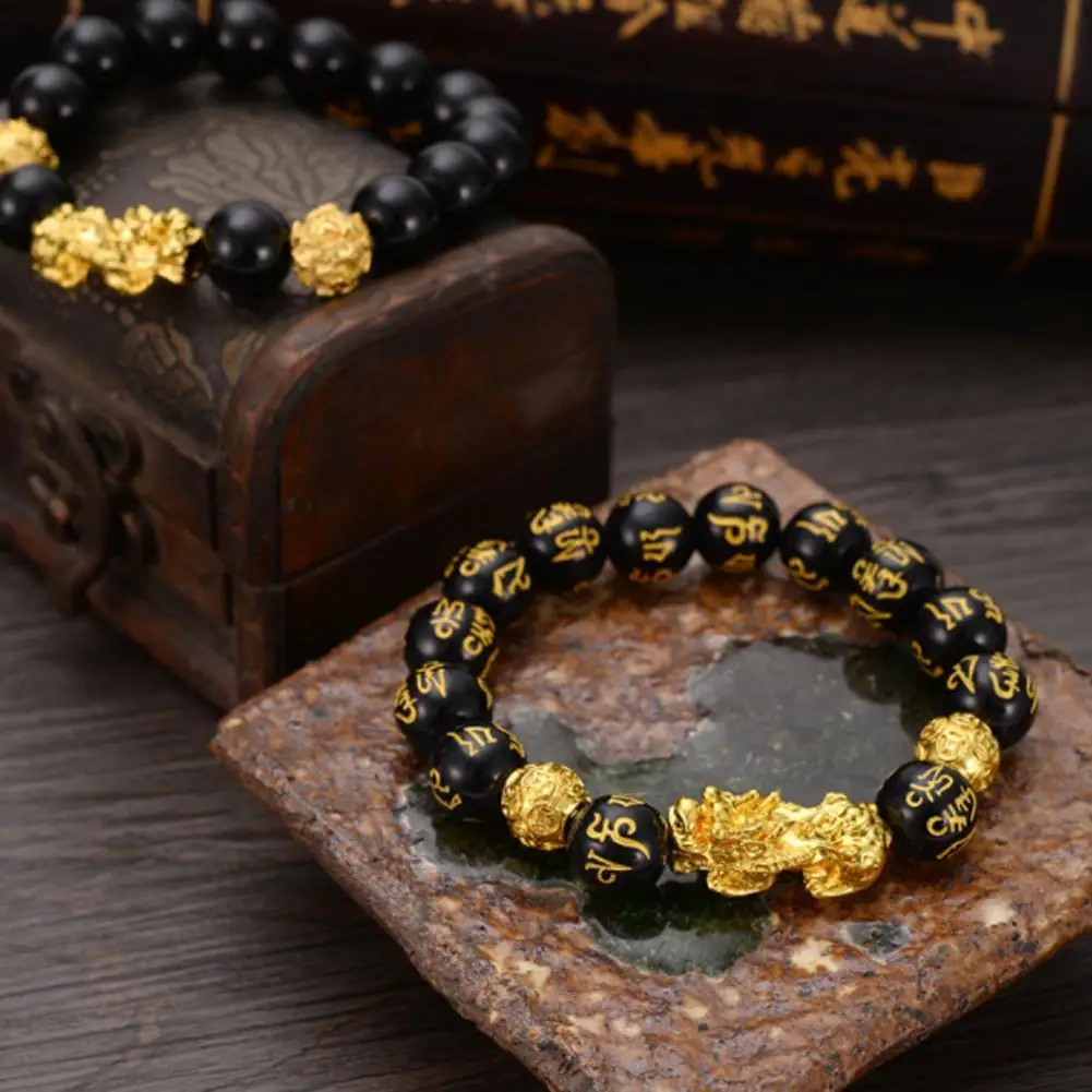 

Obsidian Pixiu Bracelet Lucky Transit Stone Beads Bracelet Men Women Unisex Wristband Gold Black Pixiu Wealth Good Luck Bracelet