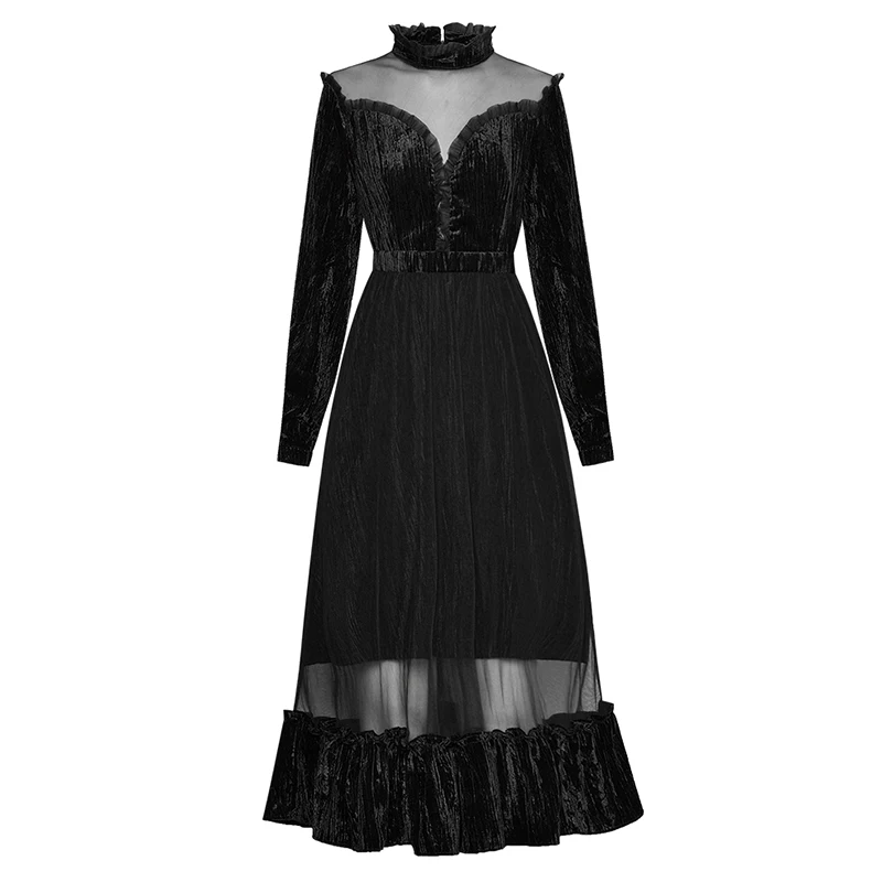 Черное/синее прозрачное Сетчатое лоскутное бархатное длинное женское платье с