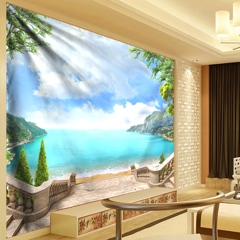 Синий пляжный гобелен 3D на стену Художественная ткань из полиэстера одеяло с
