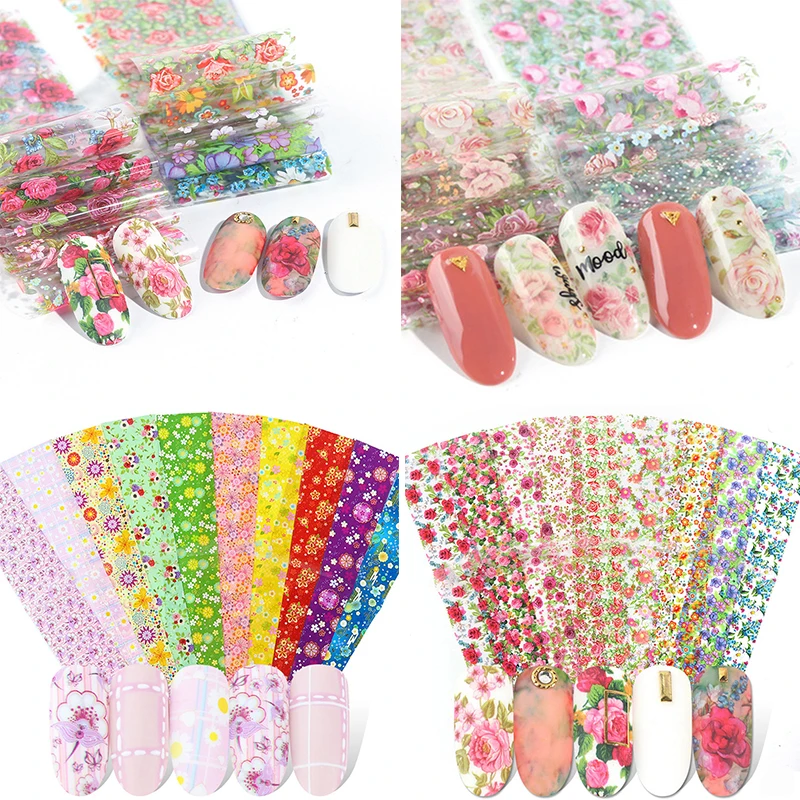 

Nail Plates With Colorful Tropical Leaves Rose Flowers Designs 10pcs Nail Art Sticker Foil Decal Nail Transfer Foil Adhesive