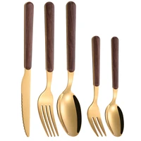 5pcs flatware set tableware wooden handle mirror dinnerware kitchen tableware steel cutlery set fork spoon knife set household