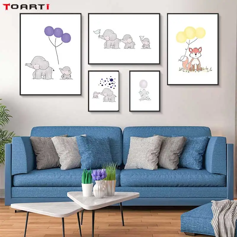 Мультфильм Животные Печать плакаты слон с воздушным шаром холст картина на стене