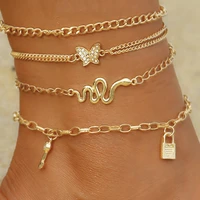 bohemian snake butterfly anklets for women summer lock key ankle bracelet set on leg chain barefoot jewelry beach accessories
