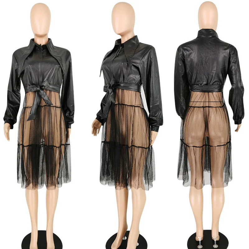 

Women autumn Coat Jacket Long Sleeve PU Design Mesh Splicing Long Tops