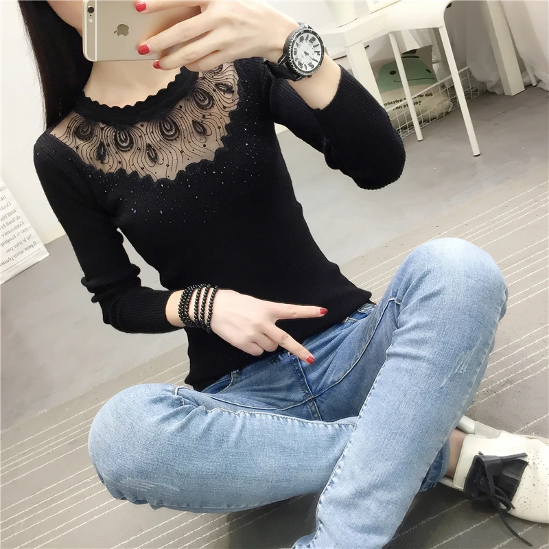 Женский кружевной облегающий пуловер Белый эластичный джемпер с круглым вырезом