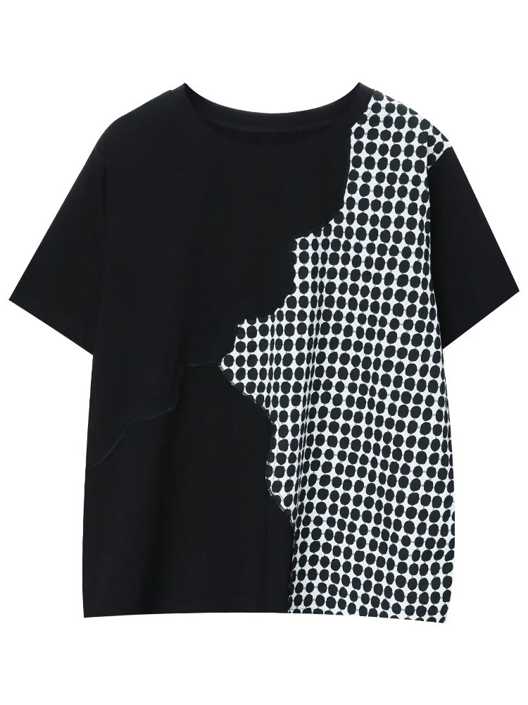 

[EAM] Women Black Dot Printed Irregular Big Size T-shirt New Round Neck Short Sleeve Fashion Tide Spring Summer 2021 1DE0592