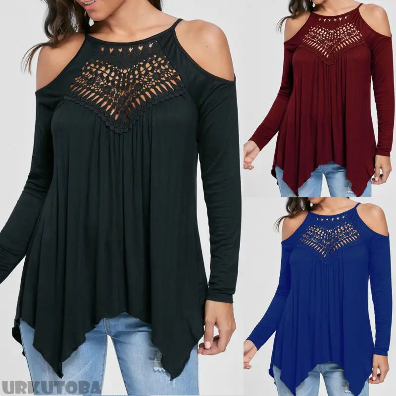 

Summer Womens Tops and Blouses Tunic Lace Patchwork Cold Shoulder Cross Tee Shirts Half Sleeve Women Clothes