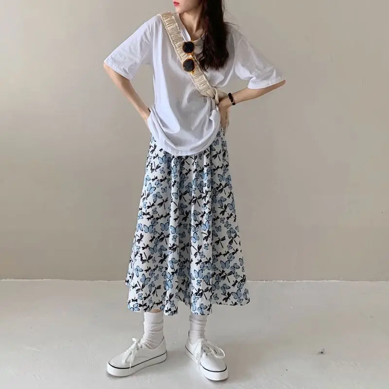 

Butterfly floral skirt female student summer new Korean mid length skirt versatile slim high waist A-line skirt