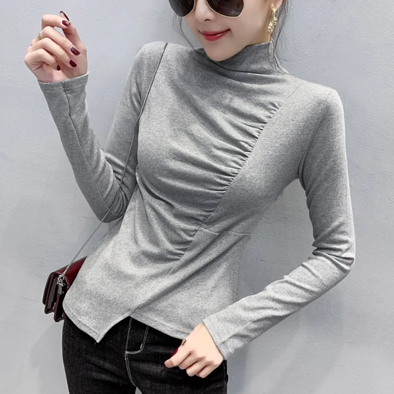 

#5649 Grey Black Khaki White Turtleneck T Shirt Women Irregular Streetwear Woman T Shirt Long Sleeved Sexy T-shirt Female Tight