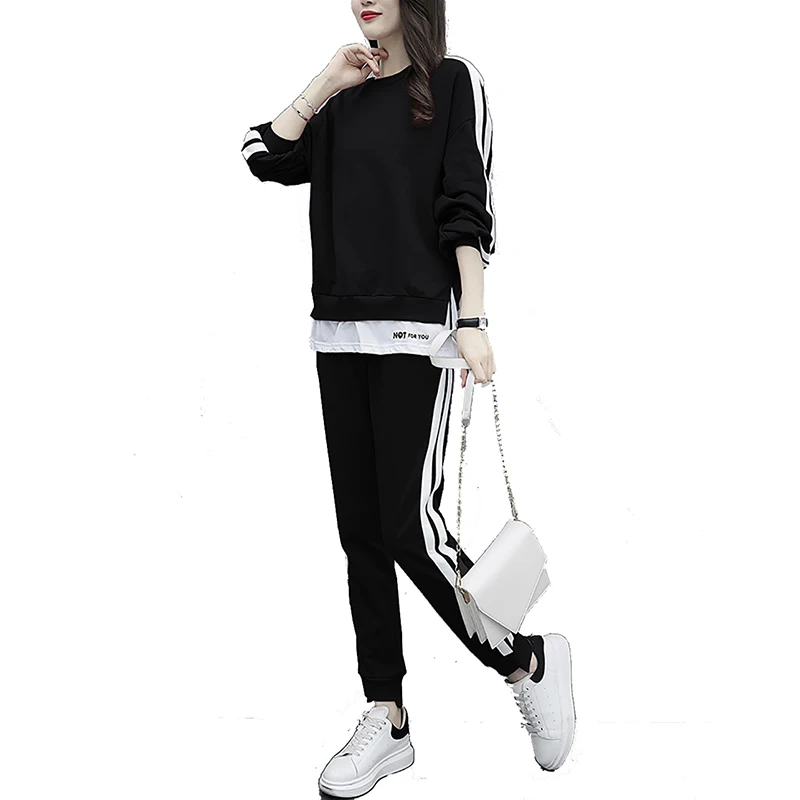 

2021 new women's autumn large size micro fat loose round neck striped fashion casual sports suit women