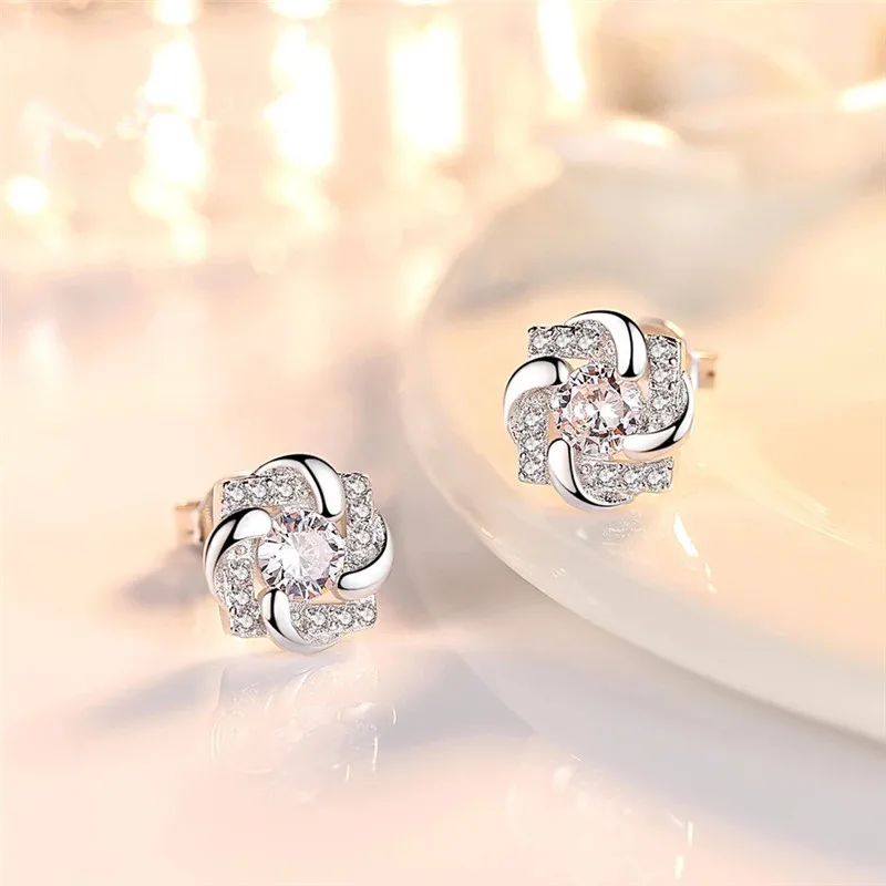 

925 Sterling Silver Crystal Flower Stud Earrings For Women Girls Engagement Party Wedding 2021 New Jewelry Pendientes eh164