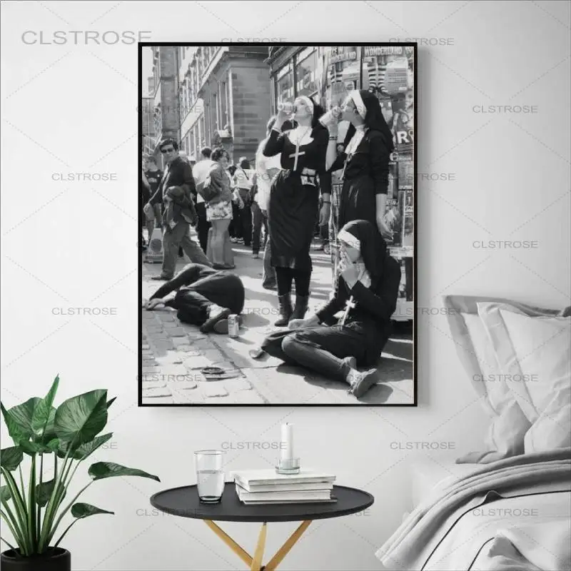 

Nuns Smoking Wall Art Picture Canvas Painting Rebellious Nuns Print Black and White Photography Poster Home Room Wall Art Decor
