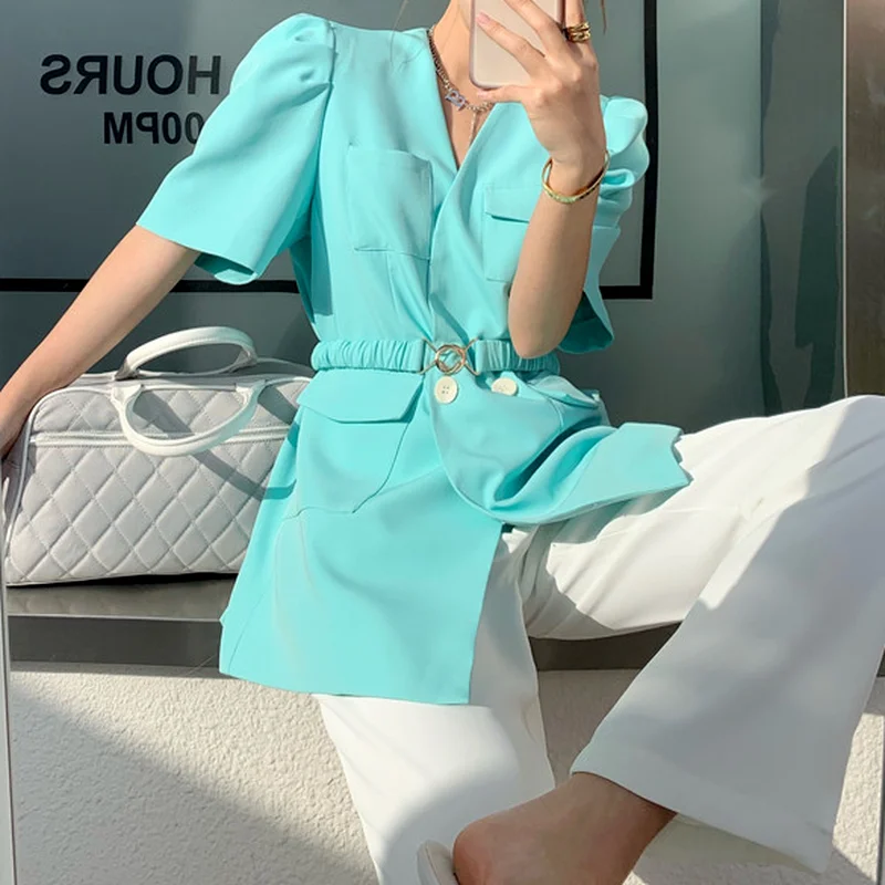 

Summer Elegant Blue V-neck Puff Sleeve Blazer Jacket Ladies Belt Fashion Elegant Office Worker Lady White Short Sleeve Clothing