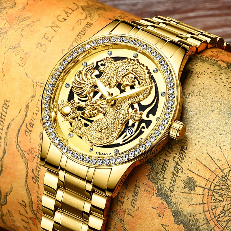 Роскошный Бриллиантовый дизайн дракон мужские золотые часы Нержавеющая сталь