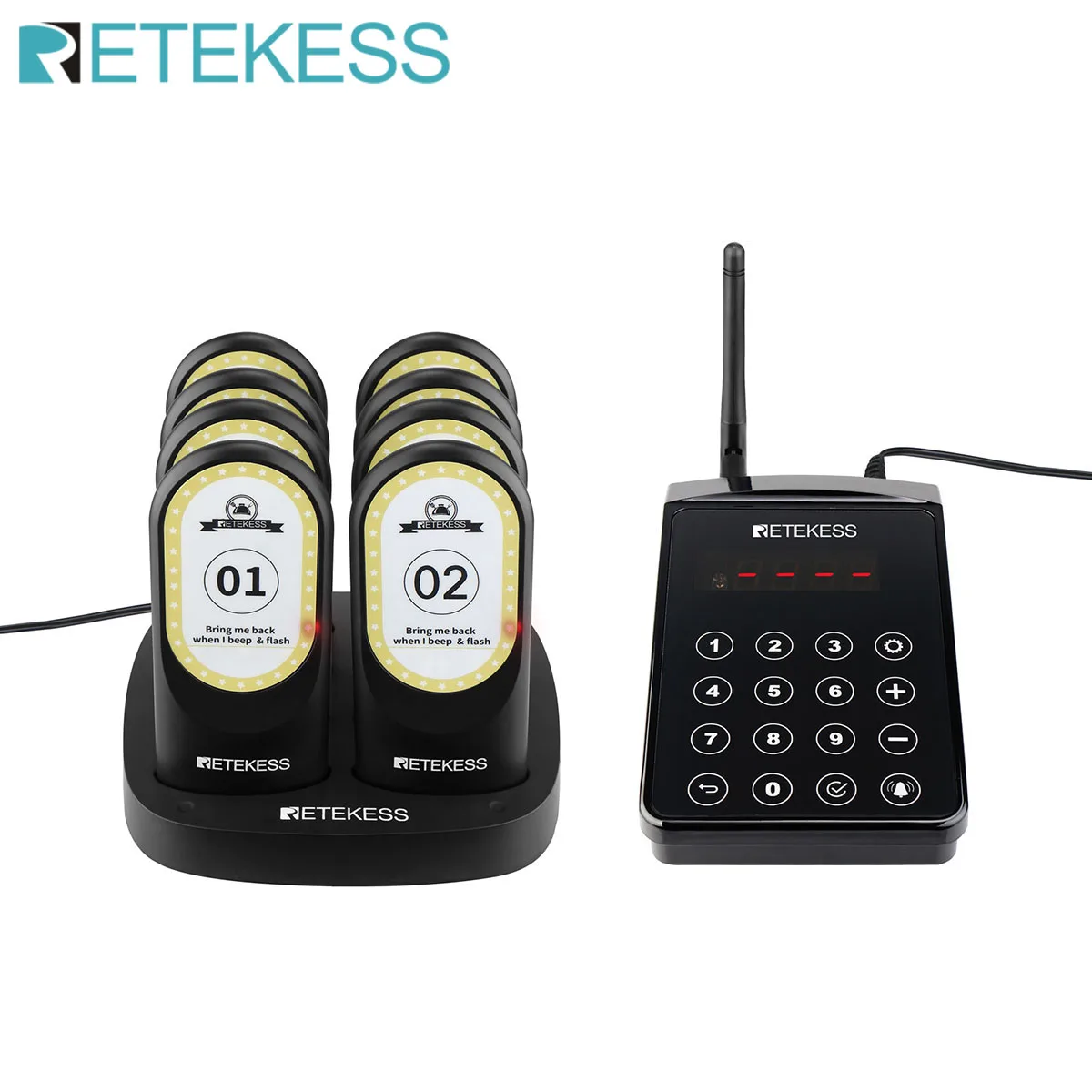 Retekess TD184 Restaurant Pager 8 Coaster Beeper Receiver Paging System Service Countdown Out of Range Alarm For Cafe Food Court