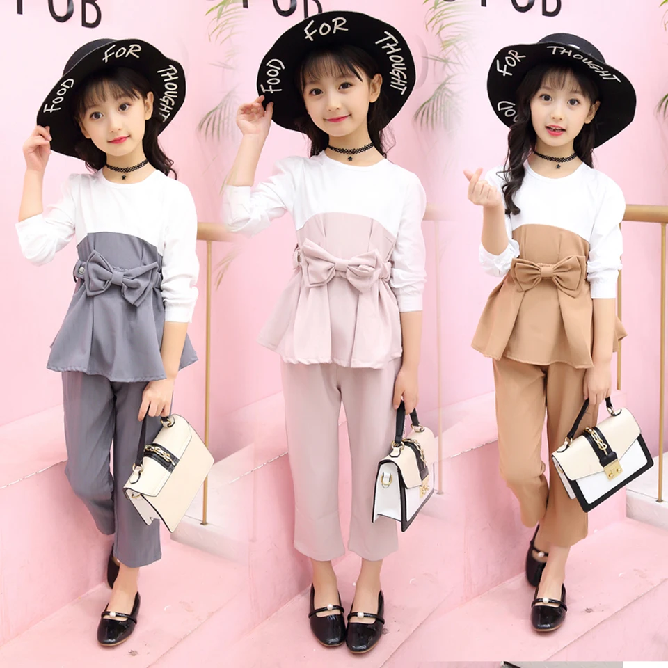 Комплекты одежды для девочек футболка с бантом + мягкие шифоновые штаны детская