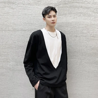 

Spring Large Personality Deep v Neck stitching fake two design black-and-white collision color long-sleeved jacket t-shirt fashi