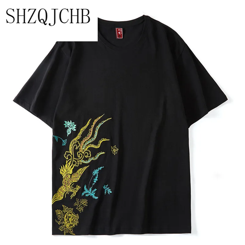 

Chinese Embroidery style Phoenix embroidery trend loose tide round neck street hip-hop compassionate short-sleeved T-shirt men