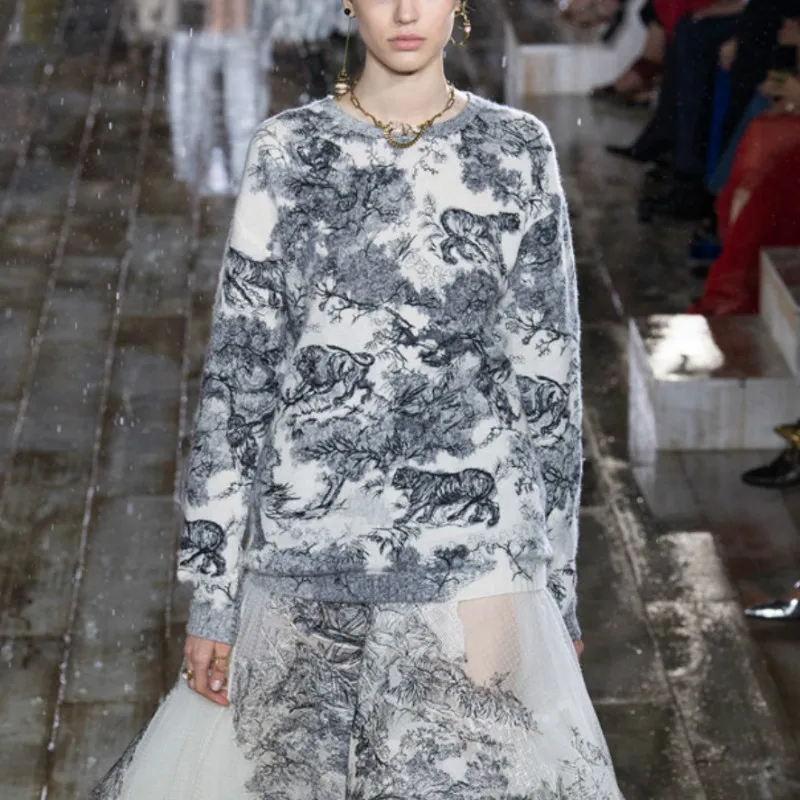 Женский жаккардовый свитер Tigers Длинный свободный трикотажный пуловер с круглым