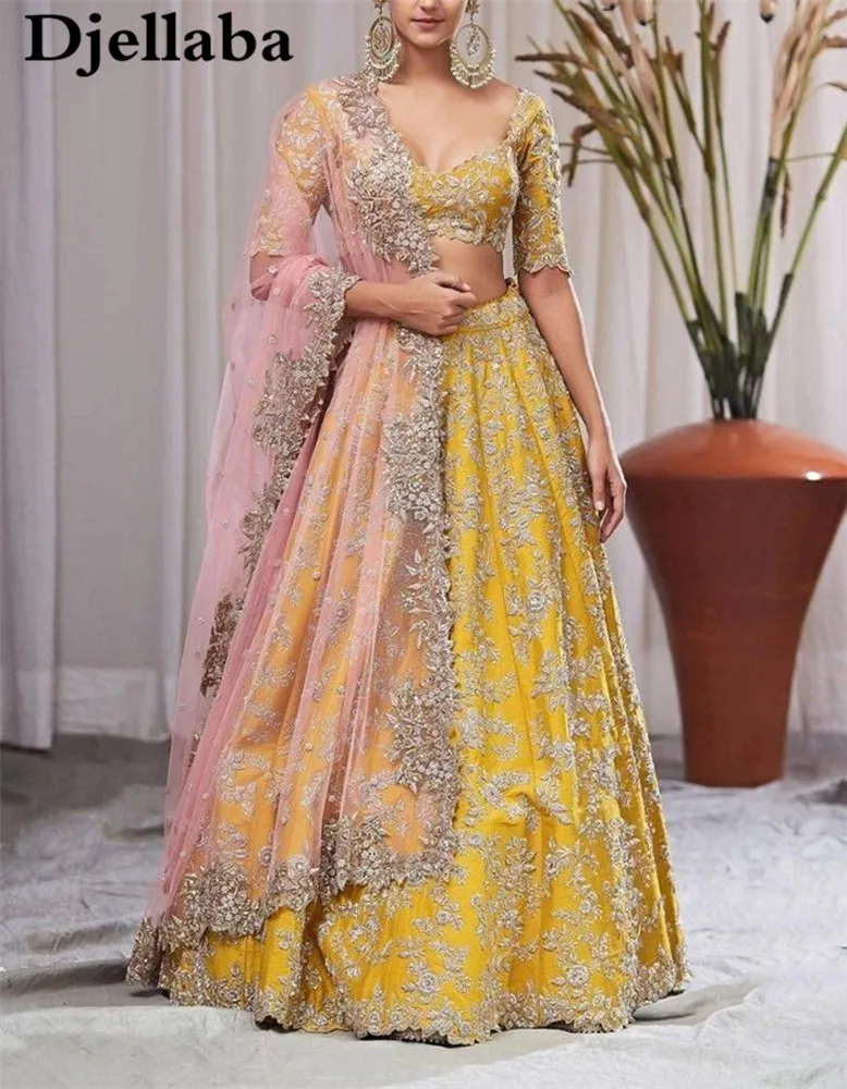 Индийское желтое вечернее платье из двух частей кружевное для выпускного вечера