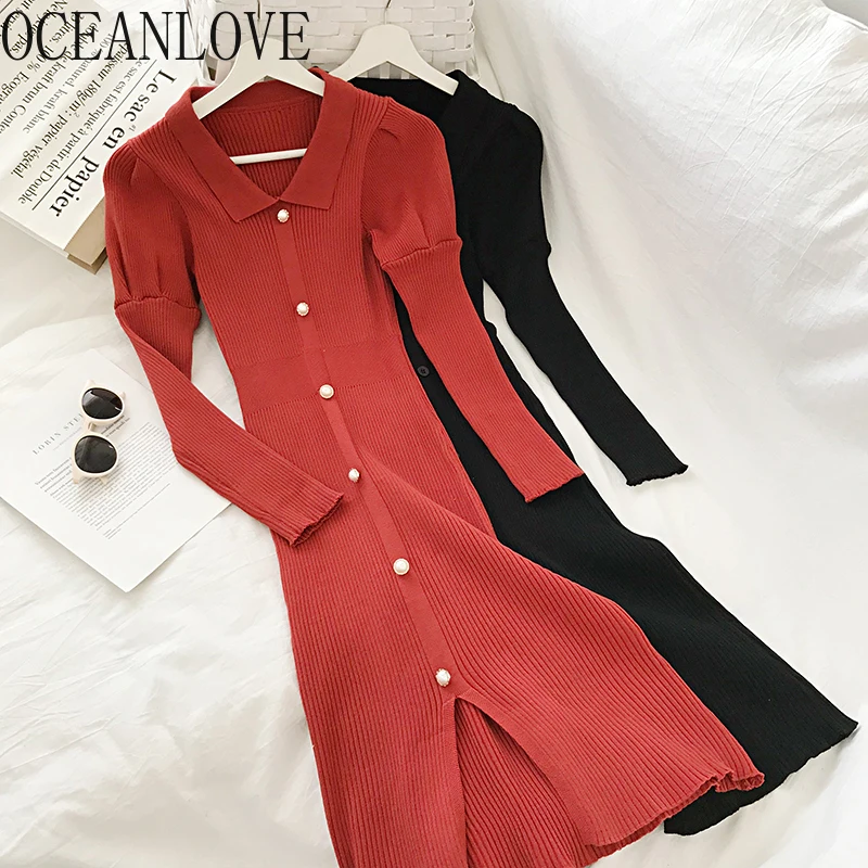 Новинка 2020 года. Женское трикотажное платье-свитер с пуговицами на весну и осень.