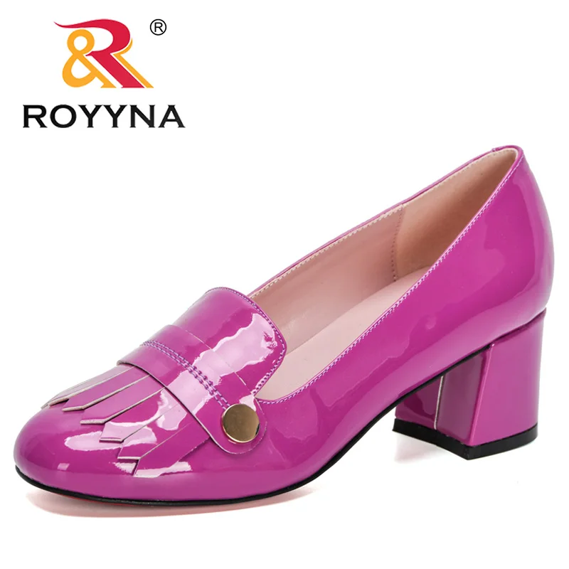 ROYYNA 2021 New Designers Patent Leather Dress Shoes Women Thick Heels Pumps Buckle Strap Ladies Shoes Zapatos Mujer Comfortable