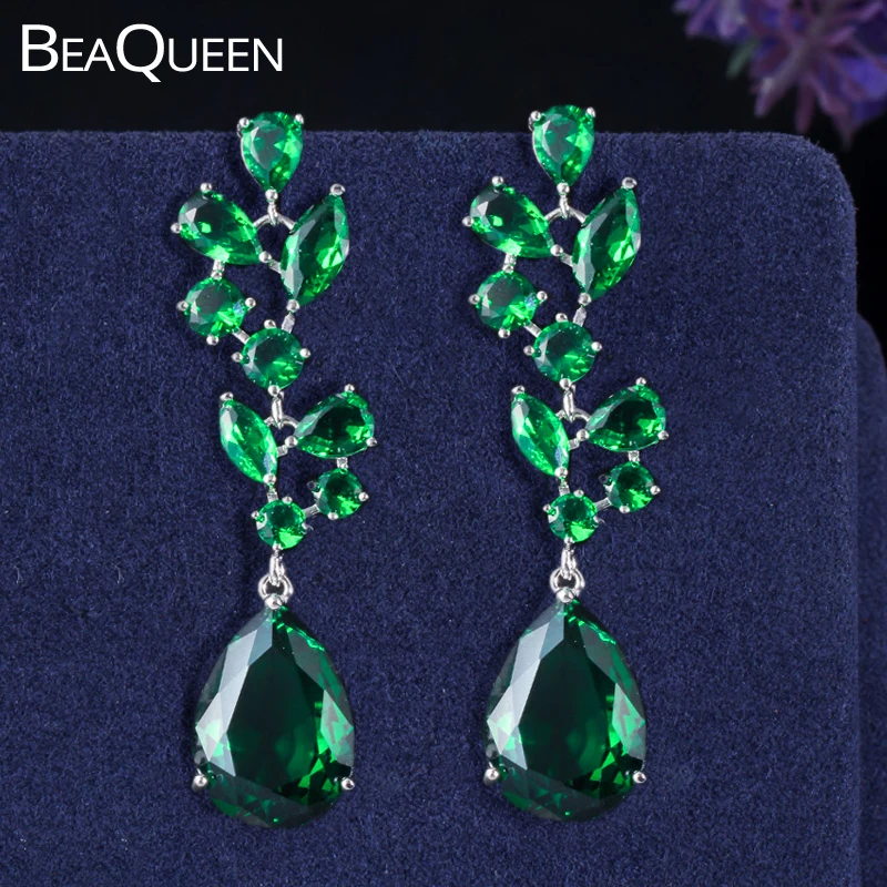 Женские классические серьги BeaQueen Длинные Зеленые Серьги с подвеской из фианита