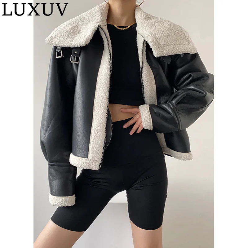 Enlarge LUXUV Biker Zipper Jacket Women Winter Branded Cool Imitation Leather Cropped Coat Y2K Clothing Faux Outfit Warm Bomber Trench