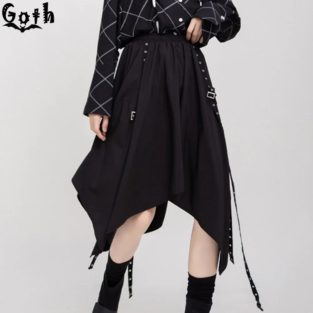 Женская Асимметричная юбка миди Goth черная с высокой талией в стиле панк готика
