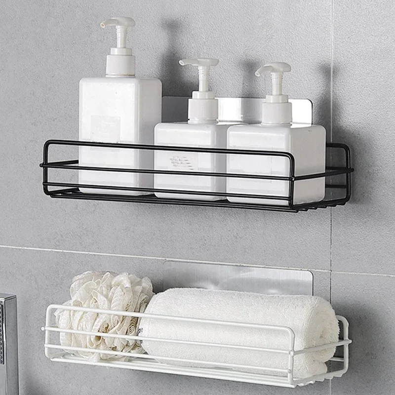 

Bathroom Iron Storage Shelves Wall-mounted Punch Free Shower Shelf Black White Storage Suction Basket Storage Racks